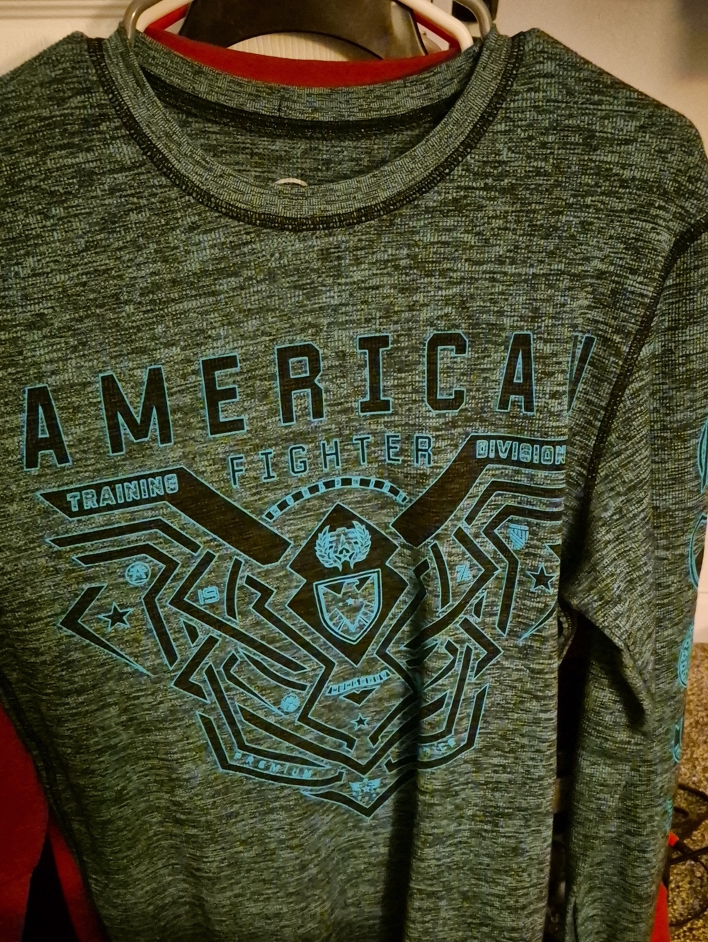 American Fighter Green Heather Long-Sleeve Graphic Tee with Teal Print